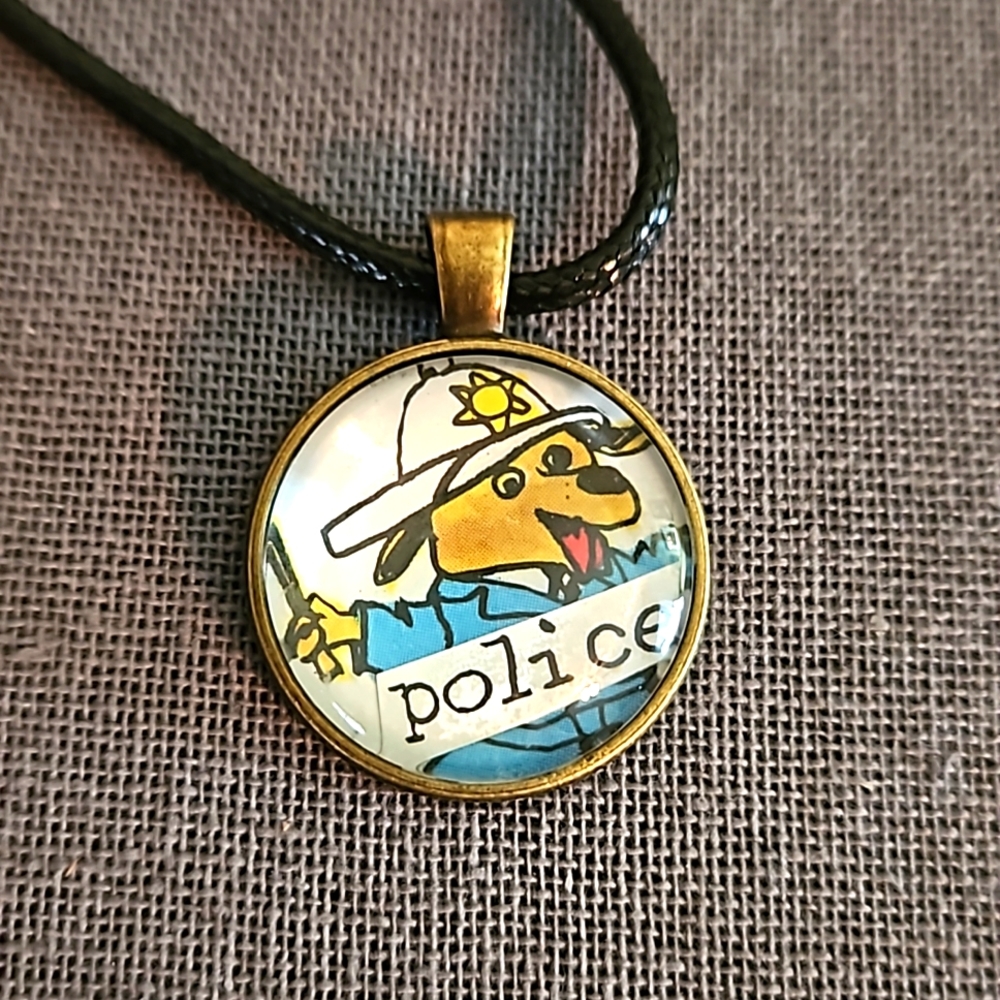 Policeman dog necklace vintage 1970s children's book page Richard Scarry ooak